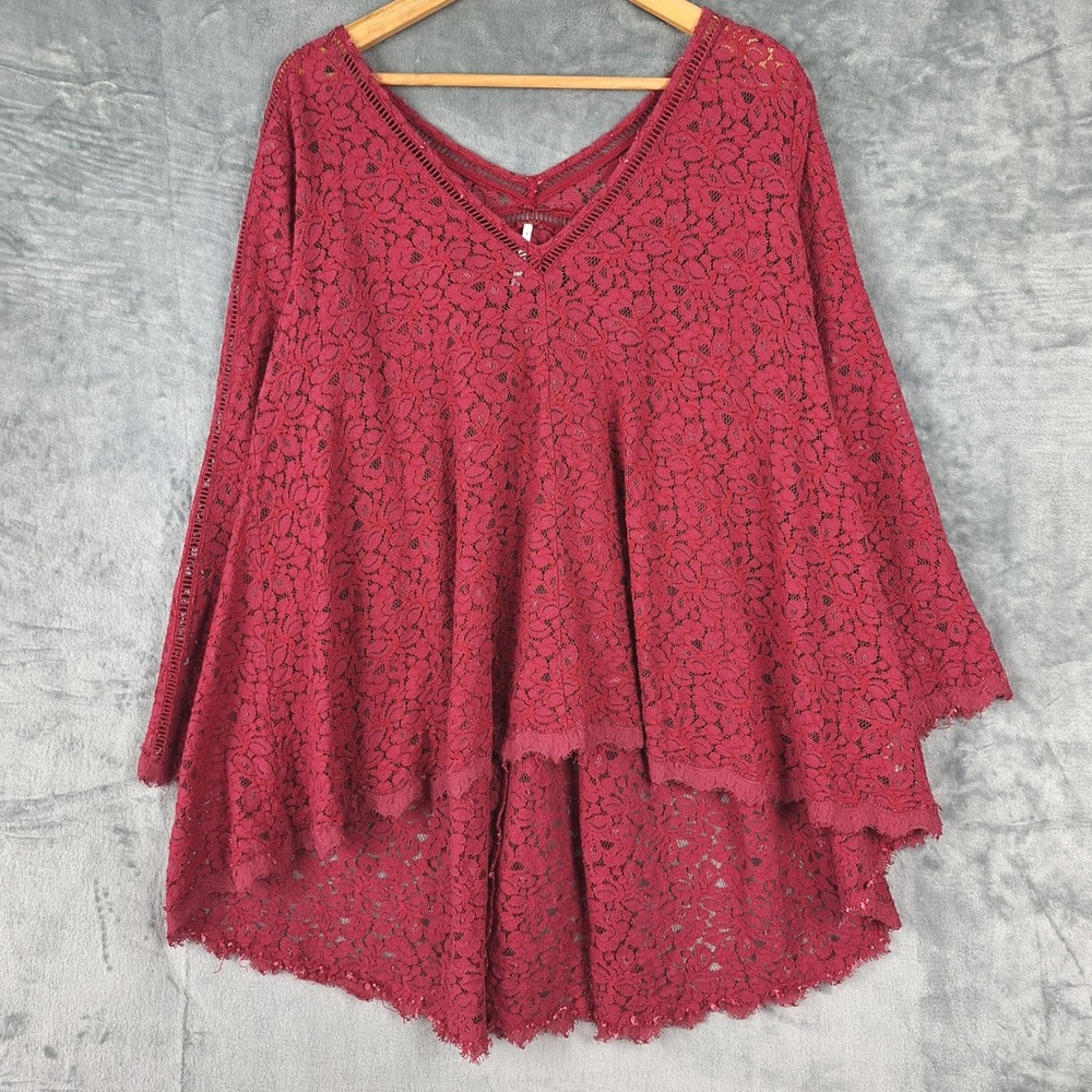 Free People Top Medium Red Boho Floral Lace Tunic Whimsigoth Oversized Hi Low